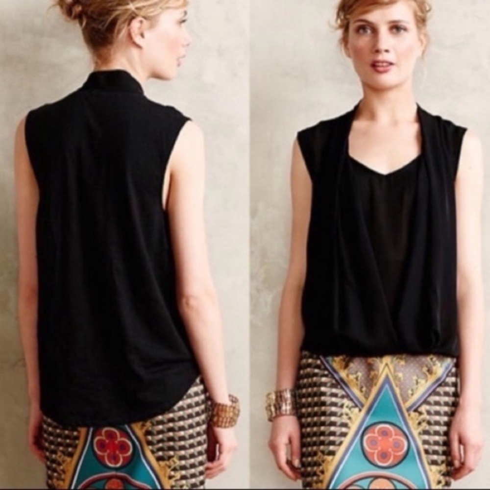 Anthro Deletta Sleeveless Blouse Black Size Small Draped Front